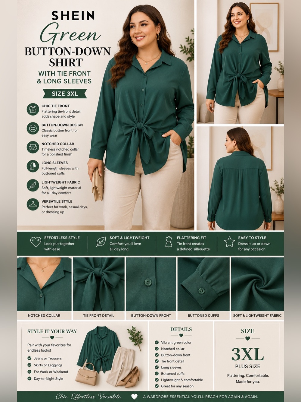 SHEIN Green Button Down Shirt with Tie Front and Long Sleeves 3XL